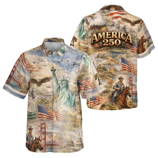 250th Anniversary America Patriotic Hawaiian Shirt, 4th of July USA Landmarks Vintage Men's Button Down Shirt S-5XL
