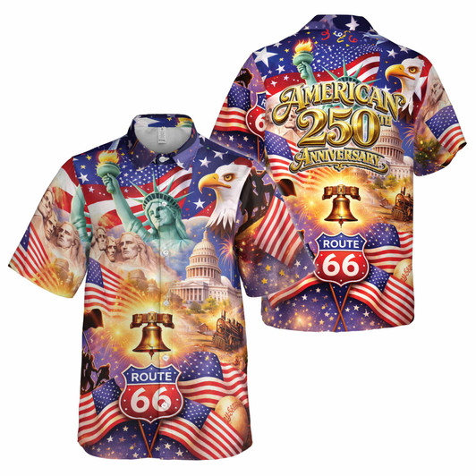 America 250th Route 66 Patriotic Hawaiian Button Down Shirt S-5XL