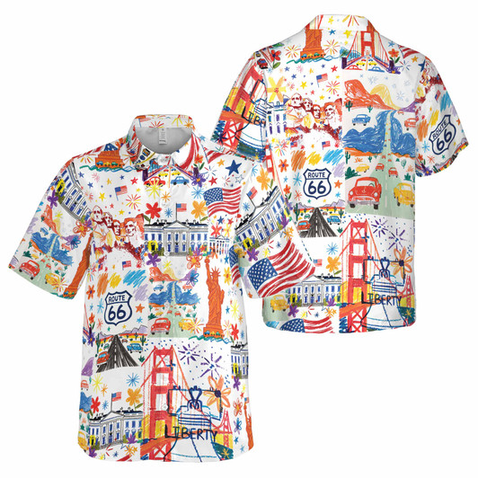 USA Landmark Hawaiian Shirt, Route 66 Liberty Patriotic Print Button Down Shirt S-5XL