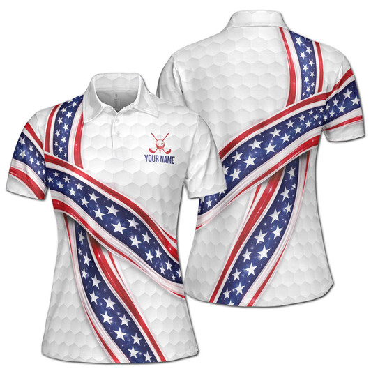 Patriotic USA Flag Golf Ball Custom Name American Stars Stripes Women's Polo Shirt S-5XL