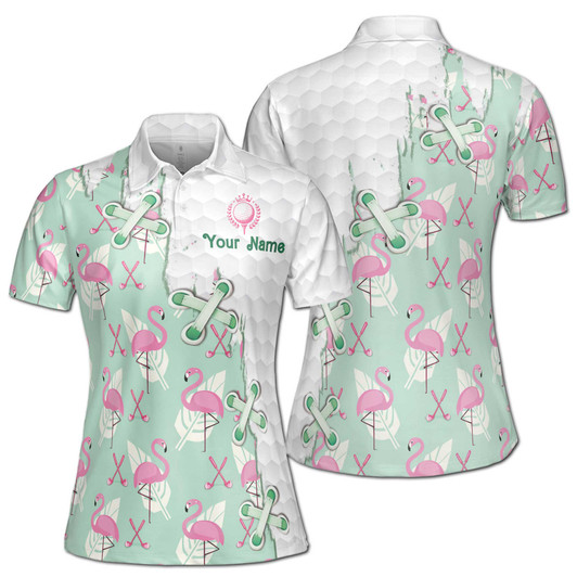 Personalized Flamingo Golf Pink Bird Tropical Floral Print Women's Polo Shirt S-5XL