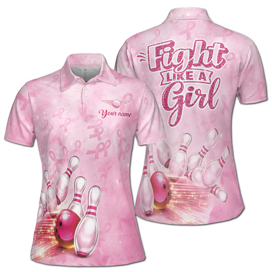 Fight Like A Girl Pink Breast Cancer Bowling Polo Shirt Custom Name Women's Polo Shirt S-5XL