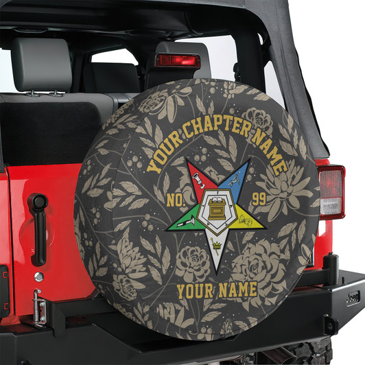 Customized OES Pentagon Down Symbol Masonic Floral Gray Beige Spare Tire Cover