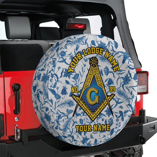 Customized Masonic Symbol Mason Floral Pattern Gray Blue Yellow Spare Tire Cover