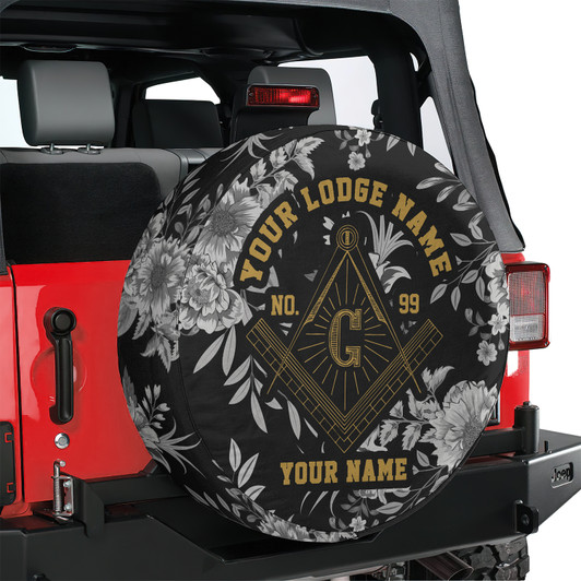 Customized Masonic Symbol Mason Floral Pattern Black White Spare Tire Cover