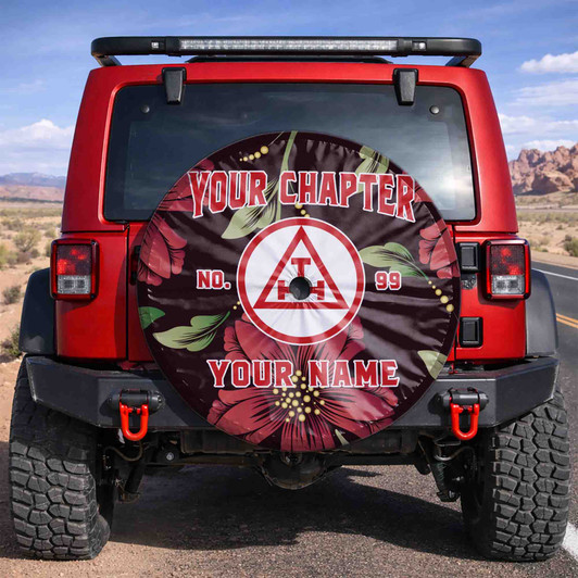 Customized Royal Arch Symbol Masonic Floral Pattern Black Red Spare Tire Cover