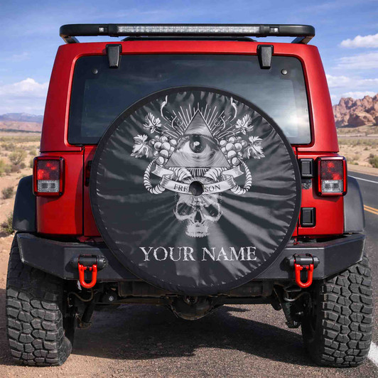 Custom Freemason Pyramid All Seeing Eye Skull Grape Black White Spare Tire Cover