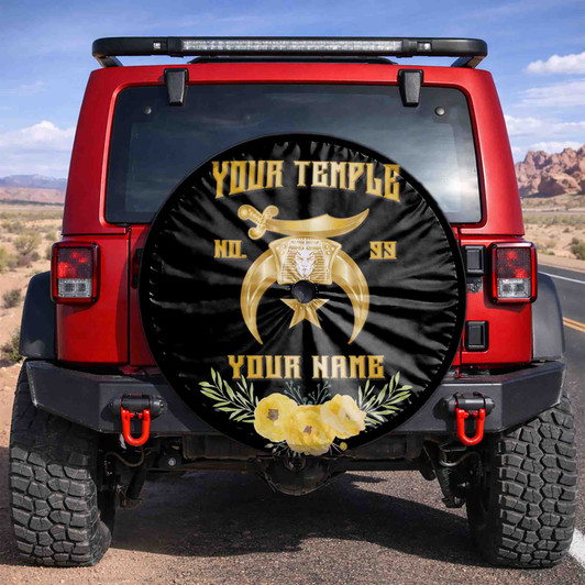 Customized Shriners Symbol Masonic Floral Pattern Black Gold Spare Tire Cover