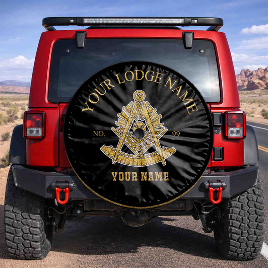 Custom Past Master Symbol Masonic Black Gold Spare Tire Cover, Mason Lodge Gift