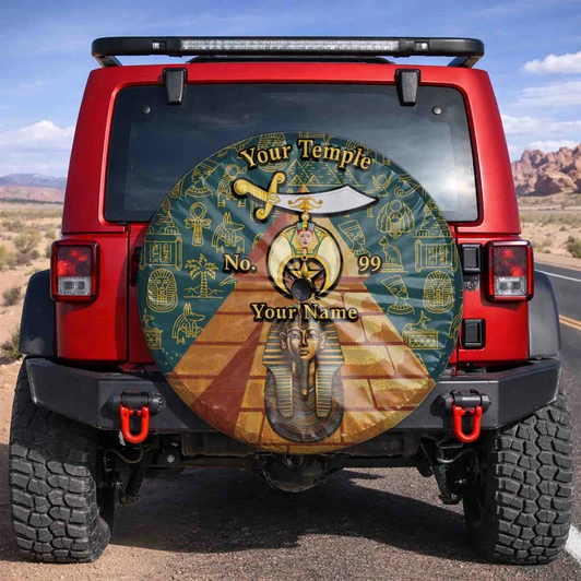 Custom Shriners Symbol Egypt Pyramid Pharaoh Dark Cyan Yellow Spare Tire Cover