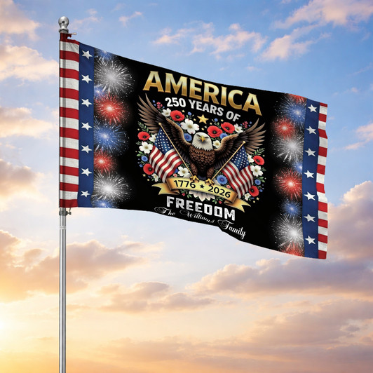 Personalized Family Name America 250 Years of Freedom Eagle With Firework House Flag