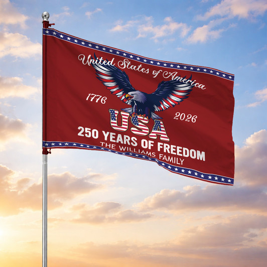 Personalized Family Name Elegant Deep Red USA 250 Years of Freedom House Flag