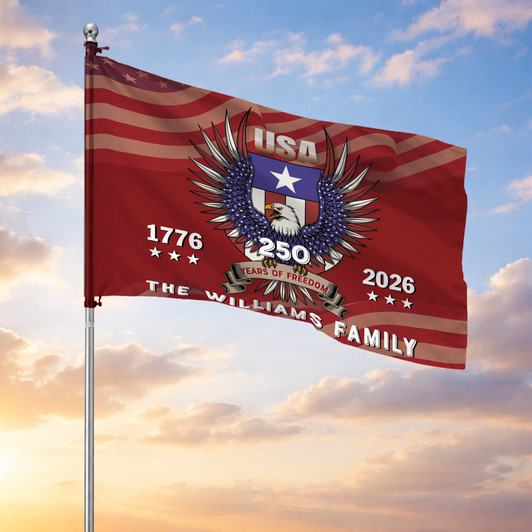 Personalized Family Name America 250th Anniversary Emblem Bold Red House Flag