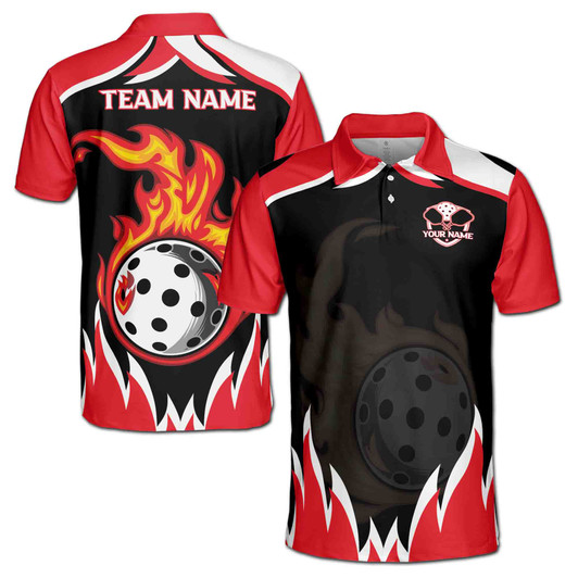 Custom Name Pickleball Flaming Balls Red Black White 3D Men's Polo Shirt S-5XL