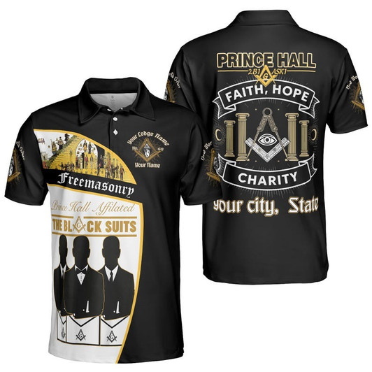 Personalized Lodge Name Freemasonry 2B1 ASK1 Prince Hall Affilated The Black Suits 3D Men's Polo Shirt S-5XL