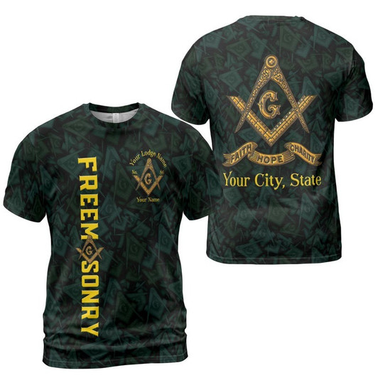 Customize Name Lodge Name Masonic Letter G Faith Hope Charity Pattern Seamless Freemasonry 3D T-shirt Size S-5XL