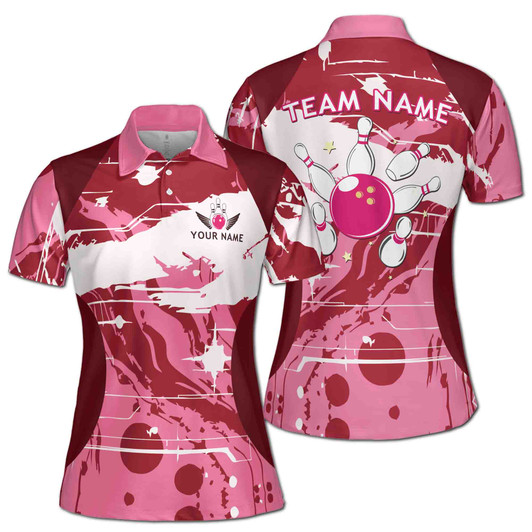 Pink Bowling Team Player Custom Name Women's Polo Shirt S-5XL