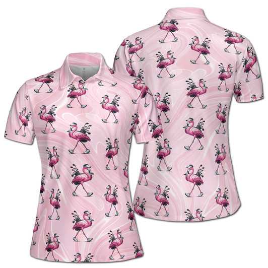 Pink Flamingo Golf Lover Pattern Custom Name Women's Polo Shirt S-5XL