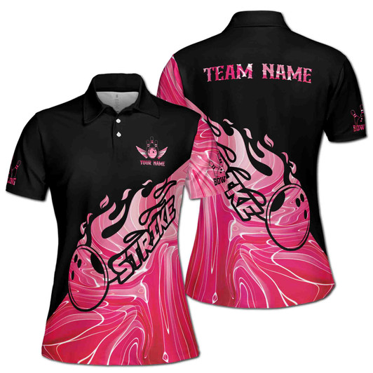 Pink Black Strike Bowling Player Team Custom Name Women's Polo Shirt S-5XL