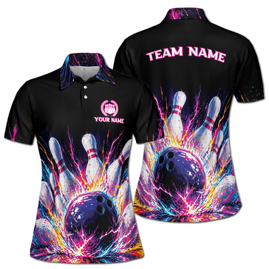 Colorful Bowling Ball Splash Team Custom Name Women's Polo Shirt S-5XL
