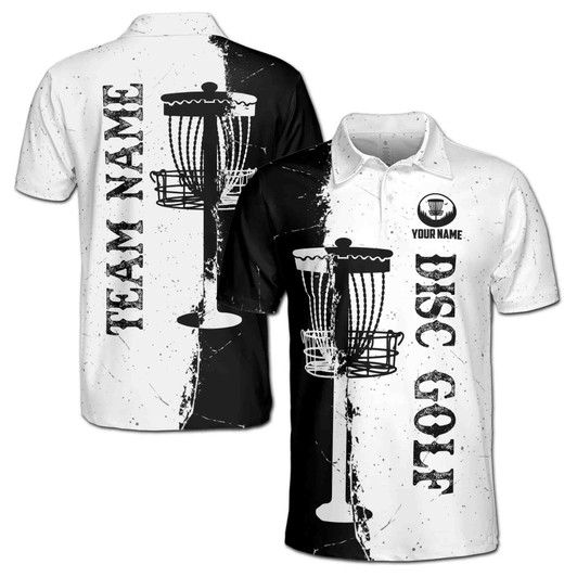 Personalized Name and Team Black White Disc Golf Jersey Men's Polo Shirt S-5XL