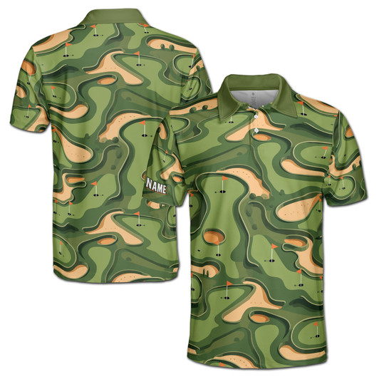 Personalized Name Green Golf Course Map Pattern Men's Polo Shirt S-5XL