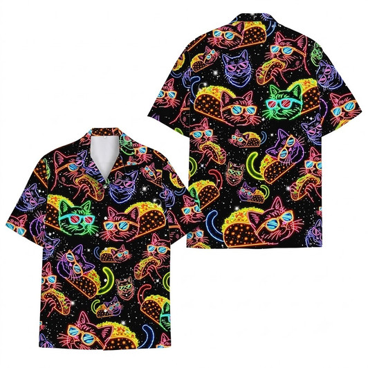 Neon Funny Cat Taco Mexican Food Hawaiian Shirt S-5XL