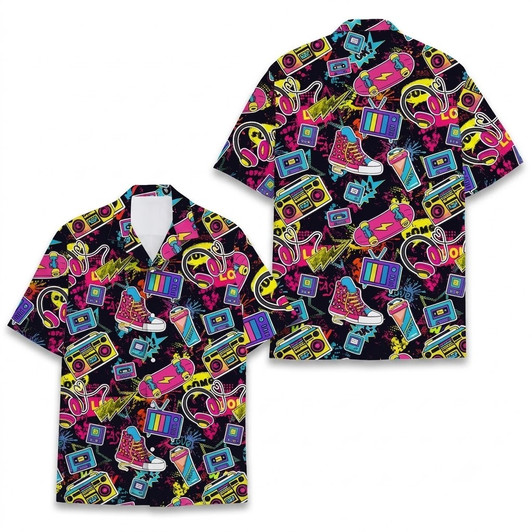 Neon Cassette Skateboard Retro 80s Hawaiian Shirt S-5XL