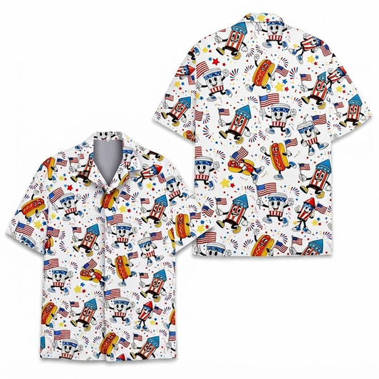 Fourth of July Patriotic Food Fireworks Hawaiian Shirt S-5XL