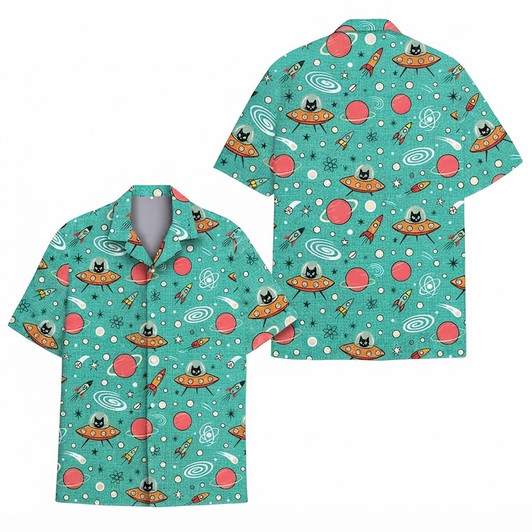Funny Alien Cat in UFO Space Summer Hawaiian Shirt S-5XL