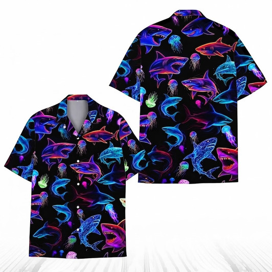 Neon Shark Cyberpunk Jellyfish Hawaiian Shirt S-5XL