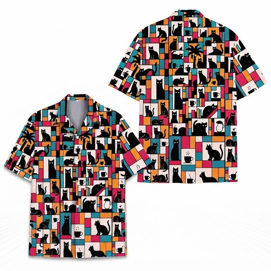 Colorful Coffee and Cat Print Summer Hawaiian Shirt S-5XL