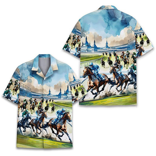Funny Horse Racing Summer Short Sleeve Hawaiian Shirt S-5XL