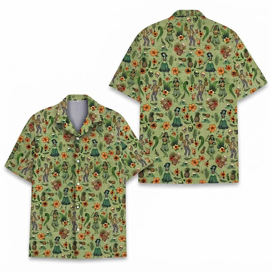 Zombie Hula Girl Tropical Skull Spooky Hawaiian Shirt S-5XL