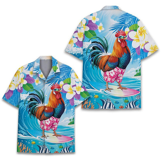 Funny Rooster Surfing Summer Beach Hawaiian Shirt S-5XL
