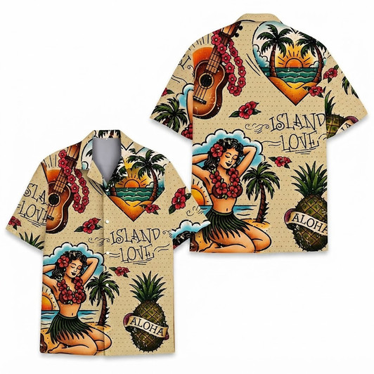 Vintage Island Love Hula Girl Guitar Hawaiian Shirt S-5XL