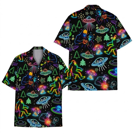 Neon Bigfoot Alien UFO Summer Beach Hawaiian Shirt S-5XL