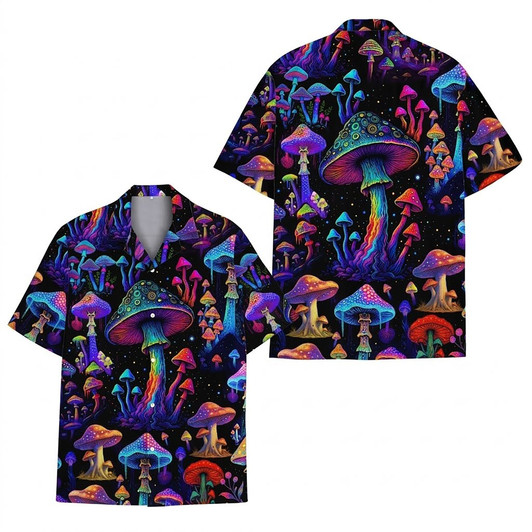 Psychedelic Neon Mushroom Festival Rave Hawaiian Shirt S-5XL