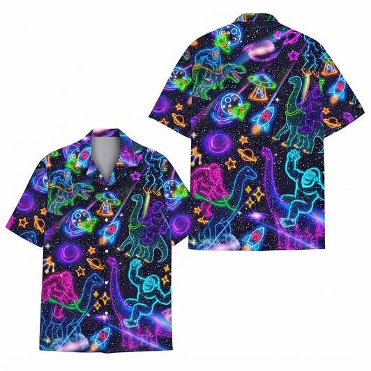 Funny Neon Bigfoot Dinosaur Space UFO Hawaiian Shirt S-5XL