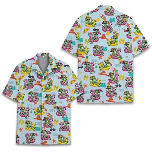 Tropical Alien Surfing UFO Summer Beach Hawaiian Shirt S-5XL