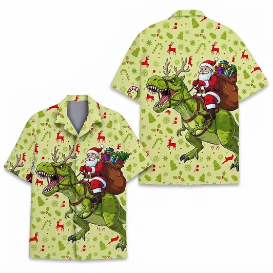 Funny Santa Riding Dinosaur Christmas In July Hawaiian Shirt S-5XL