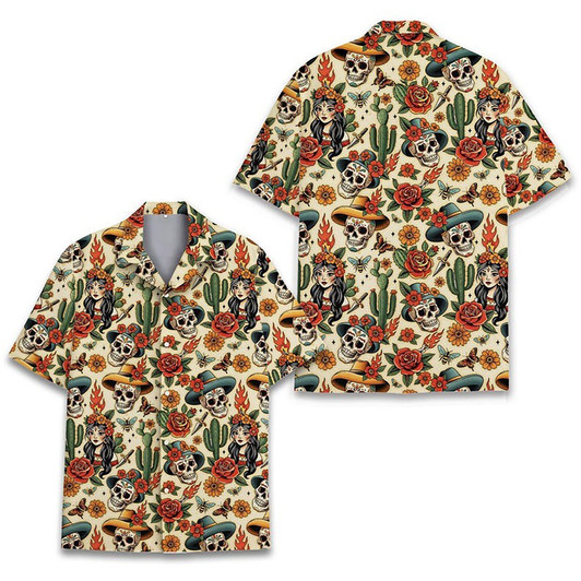 Day Of The Dead Sugar Skull Cactus Mexican Hawaiian Shirt S-5XL
