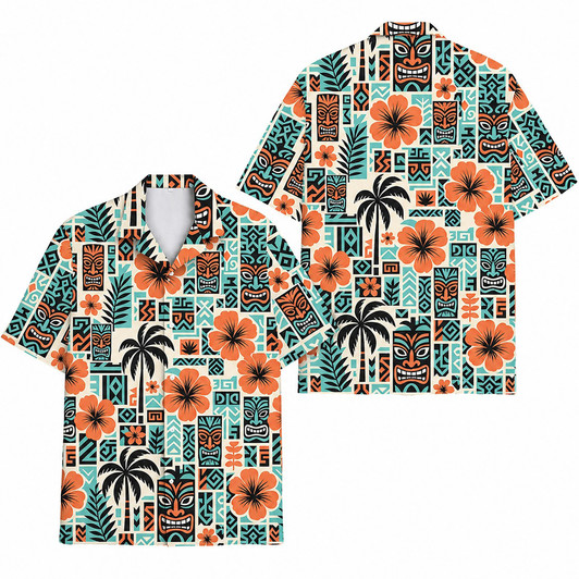 Retro Tiki Vintage Tribal Island Hibiscus Hawaiian Shirt S-5XL