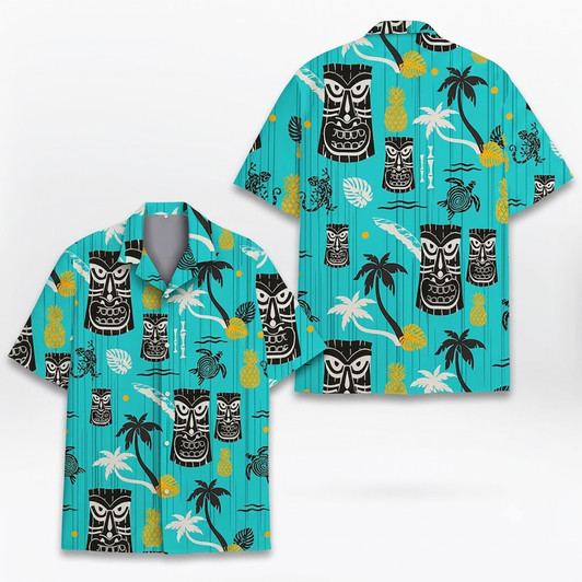 Vintage Tribal Island Tiki Face Summer Aloha Hawaiian Shirt S-5XL