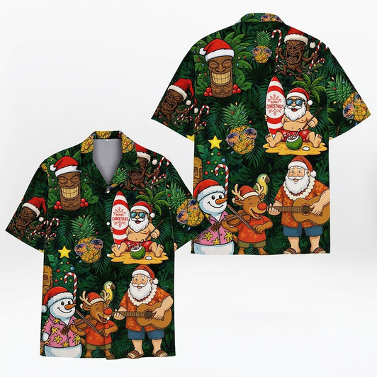Santa Tiki Christmas In July Tropical Holiday Hawaiian Shirt S-5XL
