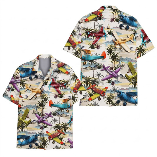 Vintage Airplane Retro Propeller Island Palm Tree Hawaiian Shirt S-5XL