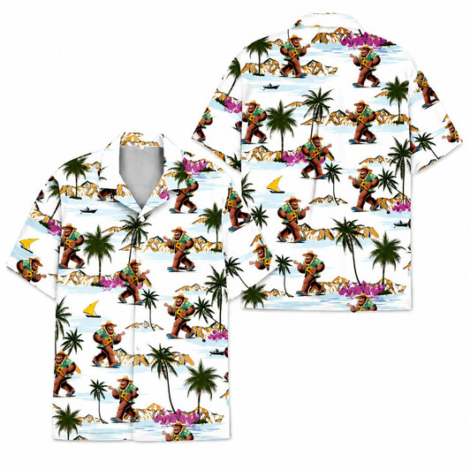 Bigfoot Beach Play Guitar Sasquatch Tropical Island Hawaiian Shirt S-5XL