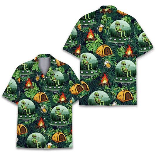 Alien Camping UFO Beer Bonfire Forest Tent Hawaiian Shirt S-5XL