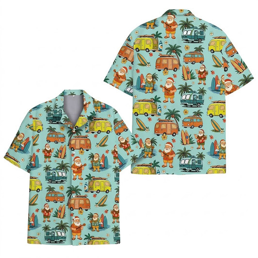 Santa Camper Van Surfing Christmas In July Hawaiian Shirt S-5XL