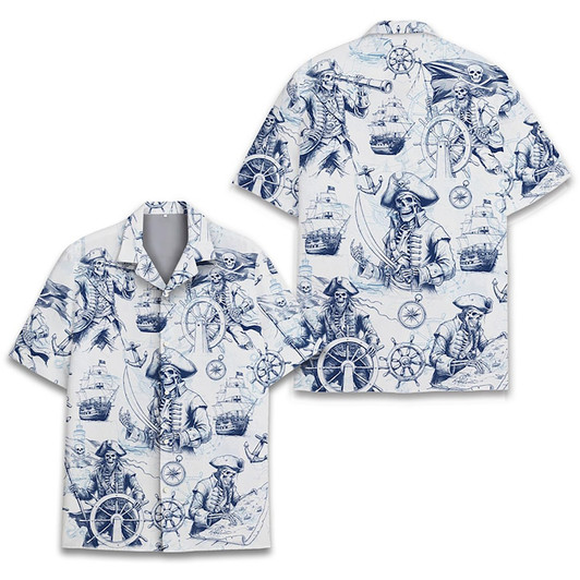 Vintage Pirate Skeleton Skull Summer Beach Hawaiian Shirt S-5XL